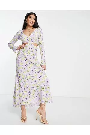 ASOS Damen Bedruckte Kleider - – Maxikleid mit seitlichen Zierausschnitten und Blumenmuster in Flieder