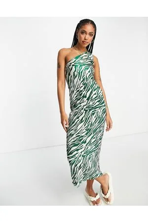 ASOS – Plissiertes Midikleid mit One-Shoulder-Träger und Zebramuster in Grün und Cremeweiß