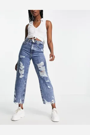 ONLY – Jeans in Mittelblau im Used-Look mit kurzem Schnitt und geradem Bein