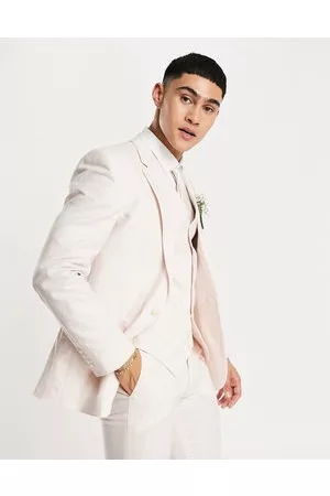 ASOS Herren Blazer & Sakkos - Wedding – Sehr eng geschnittene Anzugjacke aus blassrosa Leinenmix mit Prince-of-Wales-Karo