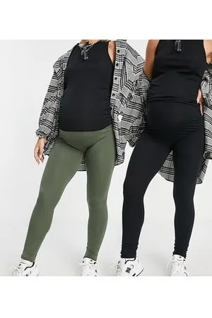 Mama;licious Maternity – 2er-Pack Leggings aus Baumwolle in Schwarz und Khaki