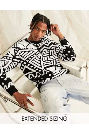 ASOS Herren Strickpullover - – Strickpullover in Schwarz und Weiß mit Aztekenmuster