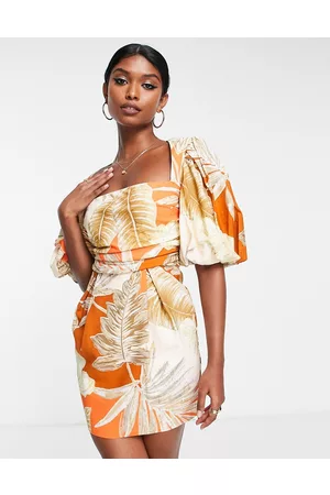 ASOS – Minikleid mit Wickeltaille, großen Blousonärmeln und tropischem Palmenmuster