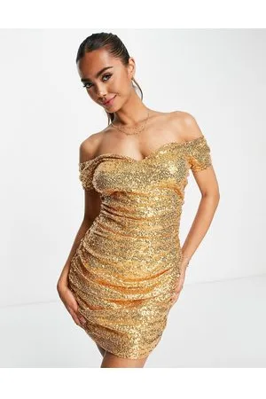 In The Style – Exklusives schulterfreies Minikleid mit Paillettenbesatz in Gold