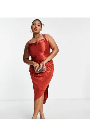 ASOS ASOS DESIGN Curve – Drapiertes Midikleid aus Satin in Rostrot mit Korsett-Detail