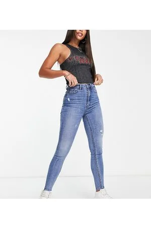 Stradivarius Tall – Eng geschnittene Jeans mit superhohem Bund in Mittelblau