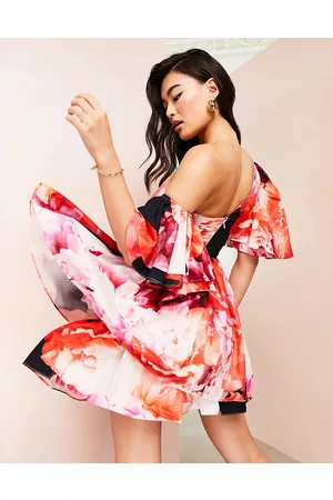 ASOS – Kleid aus Baumwolle mit One-Shoulder-Träger, Korsett-Detail, Rüschen und Blumenprint