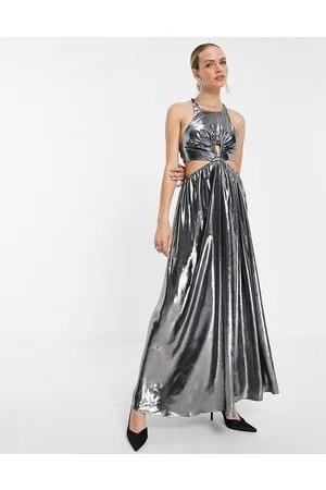 Topshop – Lame – Silbernes Maxikleid aus Metallic-Gewebe mit Schlüssellochausschnitt und Gummizug