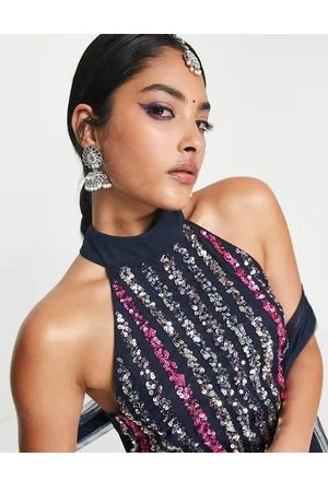Maya Deluxe – Kurzes Oberteil mit Neckholder und mehrfarbigen Pailletten-Streifen, Kombiteil