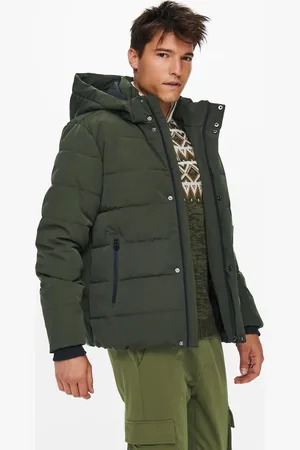 Only & Sons – Wasserabweisende Steppjacke mit Kapuze in Khaki