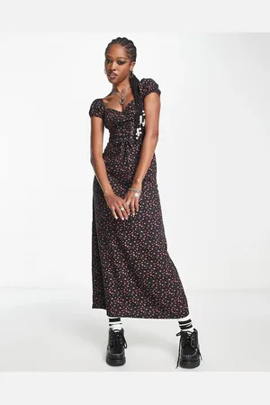 Motel – Midaxikleid in im Grunge-Look mit Gitterschnür-Detail und Rosenknospen-Muster