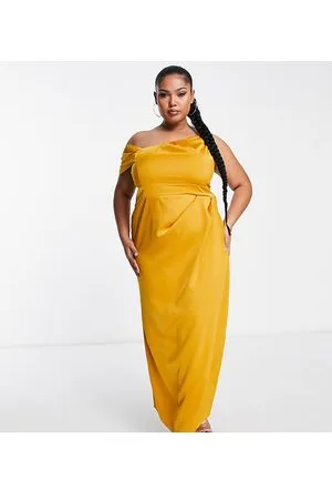 ASOS ASOS DESIGN Curve – Satin-Maxikleid in Gold mit One-Shoulder-Träger und Faltendetail