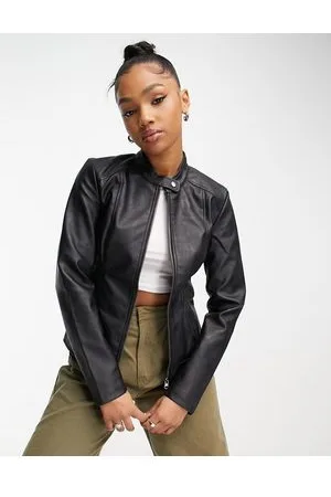 JDY – Kragenlose Jacke aus Kunstleder in