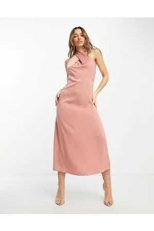 VILA – Midikleid in Rosé- mit überkreuztem Neckholder-Träger