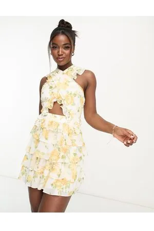 Forever New – Minikleid mit Zierausschnitt in der Taille und gelbem Blumenmuster