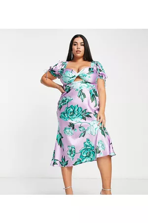 ASOS ASOS DESIGN Curve – Midi-Nachmittagskleid aus Satin in Flieder und Grün mit gedrehter Vorderpartie und Blumenmuster