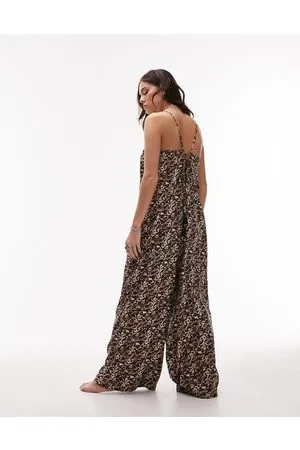 Topshop – Mehrfarbiger Strand-Jumpsuit aus Satin mit Tierfellmuster
