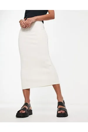 Pull&Bear – Gerippter Midaxirock in Ecru