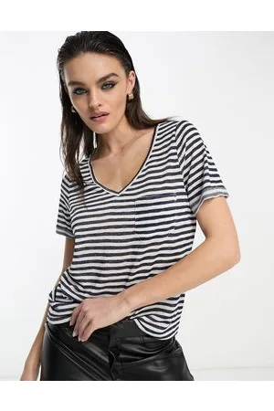 Object – Gestreiftes T-Shirt in Marineblau und Weiß mit V-Ausschnitt