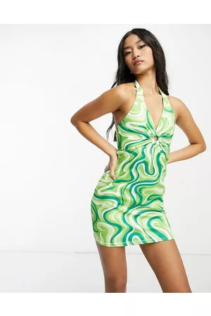 NaaNaa – Kleid mit grünem Wirbelmuster, Ringdetail und tiefem Ausschnitt