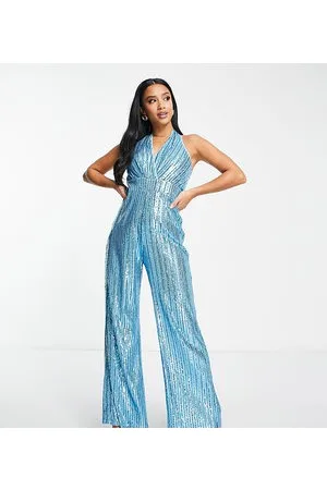 Jaded Rose – Neckholder-Jumpsuit in gestreift mit weitem Bein und Pailletten