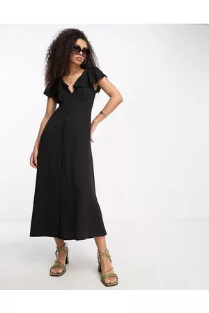 ASOS Damen Freizeitkleider - – Midi-Freizeitkleid in Schwarz mit Knöpfen und Flatterärmeln