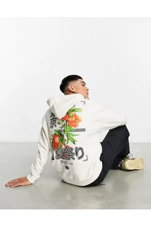 ASOS Herren Sweatshirts - – Oversize-Kapuzenpullover in gebrochenem mit Fotoprint in Frucht-Optik am Rücken und Brustprint