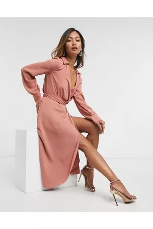 ASOS Damen Wickelkleider - – Midi-Wickelkleid mit Kragen und Bindegürtel in Terracotta