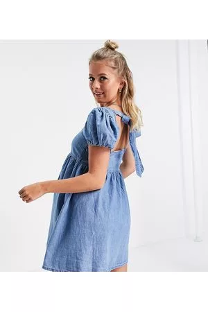 ASOS Damen Midikleider - ASOS DESIGN Midikleid – Babydoll-Kleid aus weichem Denim in mittlerer Waschung