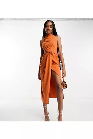 ASOS Damen Midikleider - ASOS DESIGN Tall – Hochgeschlossenes, minimalistisches Midikleid in Rostrot mit Drapierung und Zierausschnitt