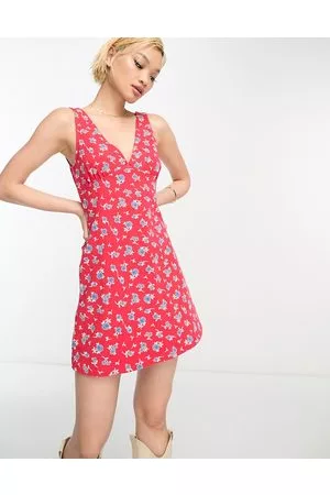 ASOS Damen Freizeitkleider - – Ausgestelltes, ärmelloses Minikleid in Rot mit V-Ausschnitt und Blümchenmuster
