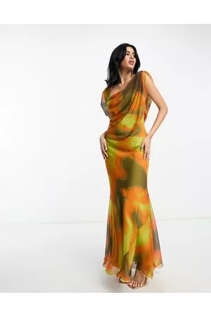 ASOS Damen Asymmetrische Kleider - – Drapiertes Maxikleid in Gelb mit verschwommenem, abstraktem Print und One-Shoulder-Träger