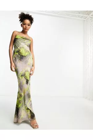 ASOS Damen Lange Kleider - – Cami-Maxikleid in Grau und Limettengrün mit Marmor-Print, Wasserfallausschnitt und Bindeband hinten
