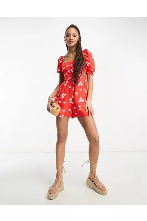 ASOS Damen Jumpsuits - – Playsuit im Milchmädchen-Design in Rot mit Gänseblümchenmuster
