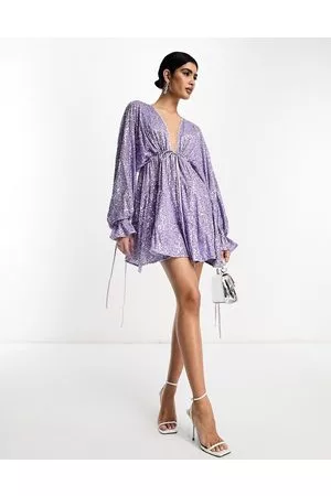 ASOS Damen Freizeitkleider - – Verziertes, gestuftes Minikleid in Flieder mit Bindedetail und Paillettenbesatz