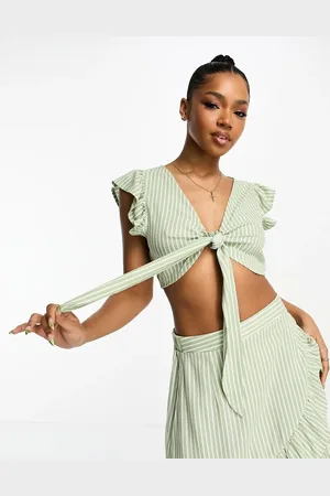 VERO MODA – Kurzes Top aus Leinen in gestreift mit Knoten vorne, Kombiteil