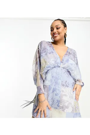 ASOS ASOS DESIGN Curve – Exklusives Minikleid aus Chiffon mit Fledermausärmeln und Vintage-Blumenmuster