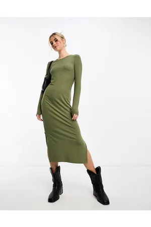 Pieces® – Figurbetontes Midikleid mit U-Boot-Ausschnitt in Khaki