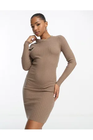 Pieces® – Minikleid aus Rippstrick in Kamelbraun