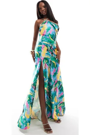 True Violet – Maxikleid zum Reinschlüpfen aus Satin mit One-Shoulder-Träger und abstraktem Muster
