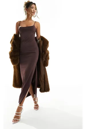 ASOS – Bodycon-Midikleid in Dunkelbraun mit Ausschnitt im Stil der 90er und Camisole-Trägern