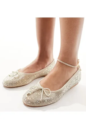 Steve Madden – Verzierter flacher Schuh in Champagner mit Schleife