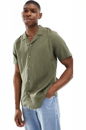 New Look – Kurzärmliges Hemd aus Leinenmix in dunklem Khaki