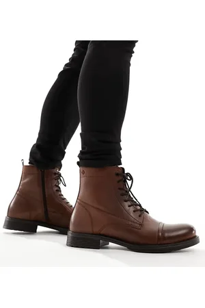 JACK & JONES – Braune Lederstiefel zum Schnüren