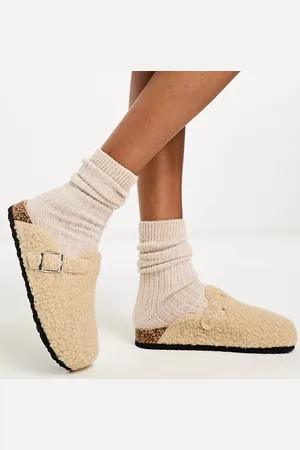 Glamorous – Mules aus Teddyfell in Kamelbraun