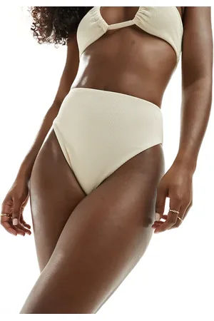 ASOS – Emily – Gerippte Bikinihose in Ecru mit hohem Beinausschnitt und hoher Taille