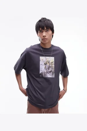 Topman – Hochwertiges Super-Oversize-T-Shirt in Anthrazit mit Gefrorene-Blumen-Print