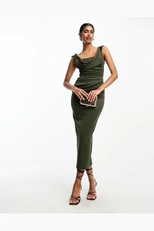ASOS – Midi-Bleistiftkleid in sattem Grün mit eckigem Ausschnitt und gefalteter Brustpartie