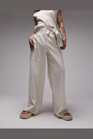 Topshop – Hose aus Leine-Mix in Hafer mit weitem Bein, Kombiteil