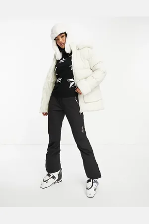 Threadbare – Ski – Steppmantel in Ecru mit geraffter Taille, Kunstpelzbesatz und Kapuze